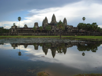 The main Angkor Wat temple complex reflected in a pool